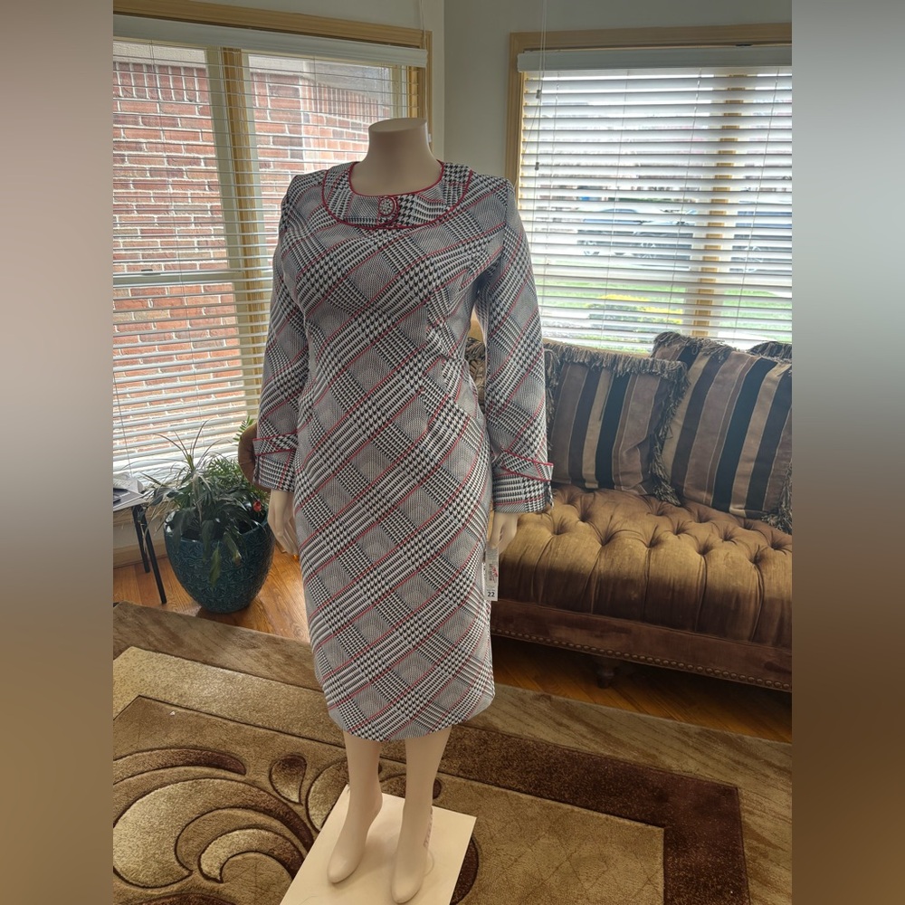 Plaid Long Sleeve Dress - Red and Gray